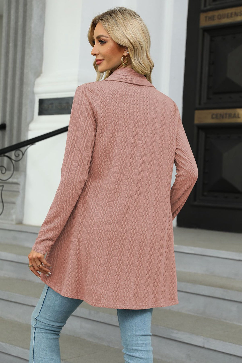 Women's dusty pink colored open front long sleeve cardigan with a flattering high-low hem. Lightweight boutique cardigan perfect for layering over dresses, tanks, or jeans for effortless fall style.