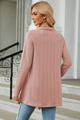 Women's Open Front Long Sleeve Cardigan in dusty pink layered over a white tank and blue jeans, lightweight long cardigan for fall outfits, available in nine colors at Chic Mystik Boutique.