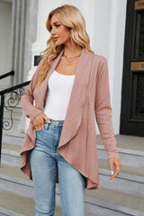 Women's dusty pink colored open front long sleeve cardigan with a flattering high-low hem. Lightweight boutique cardigan perfect for layering over dresses, tanks, or jeans for effortless fall style.