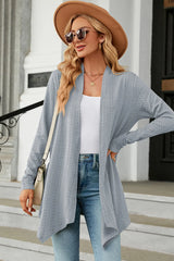 Women's Open Front Long Sleeve Cardigan in light blue layered over a white tank and blue jeans, lightweight long cardigan for fall outfits, available in nine colors at Chic Mystik Boutique.