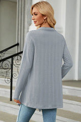 Women's Open Front Long Sleeve Cardigan in light blue layered over a white tank and blue jeans, lightweight long cardigan for fall outfits, available in nine colors at Chic Mystik Boutique.