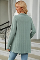 Women's Open Front Long Sleeve Cardigan in light green layered over a white tank and blue jeans, lightweight long cardigan for fall outfits, available in nine colors at Chic Mystik Boutique.