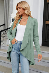 Women's sage-colored open front long sleeve cardigan with a flattering high-low hem. Lightweight boutique cardigan perfect for layering over dresses, tanks, or jeans for effortless fall style.