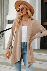 Women's Open Front Long Sleeve Cardigan in tan layered over a white tank and blue jeans, lightweight long cardigan for fall outfits, available in nine colors at Chic Mystik Boutique.