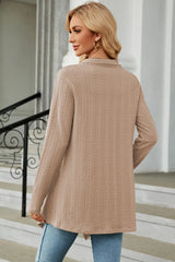 Women's Open Front Long Sleeve Cardigan in tan layered over a white tank and blue jeans, lightweight long cardigan for fall outfits, available in nine colors at Chic Mystik Boutique.