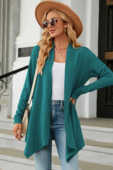 Women's Open Front Long Sleeve Cardigan in turquoise layered over a white tank and blue jeans, lightweight long cardigan for fall outfits, available in nine colors at Chic Mystik Boutique.
