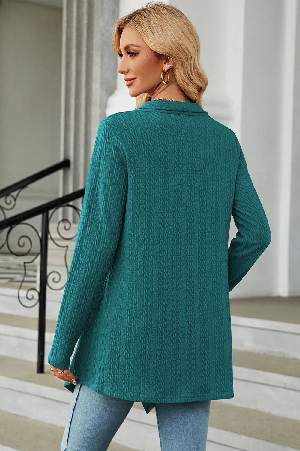 Women's Open Front Long Sleeve Cardigan in turquoise layered over a white tank and blue jeans, lightweight long cardigan for fall outfits, available in nine colors at Chic Mystik Boutique.