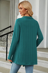 Women's Open Front Long Sleeve Cardigan in turquoise layered over a white tank and blue jeans, lightweight long cardigan for fall outfits, available in nine colors at Chic Mystik Boutique.