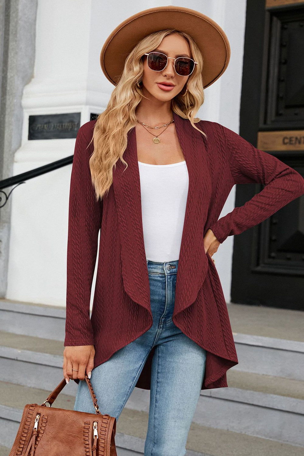 Women's wine-colored open front long sleeve cardigan with a flattering high-low hem. Lightweight boutique cardigan perfect for layering over dresses, tanks, or jeans for effortless fall style.