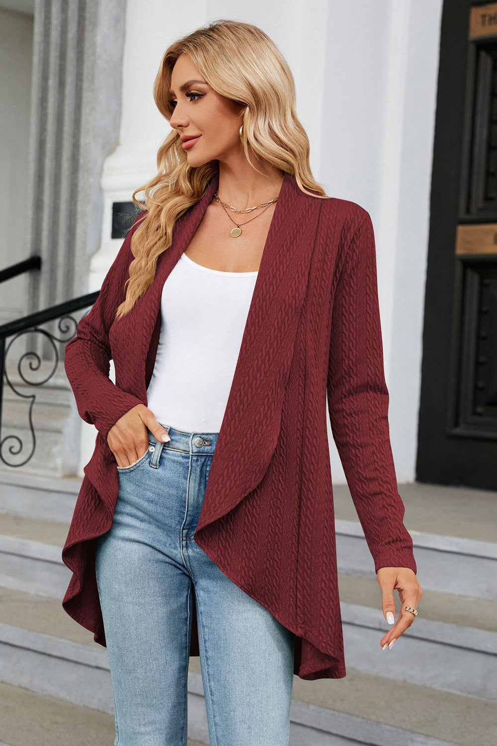 Women's wine-colored open front long sleeve cardigan with a flattering high-low hem. Lightweight boutique cardigan perfect for layering over dresses, tanks, or jeans for effortless fall style.