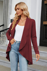 Women's wine-colored open front long sleeve cardigan with a flattering high-low hem. Lightweight boutique cardigan perfect for layering over dresses, tanks, or jeans for effortless fall style.