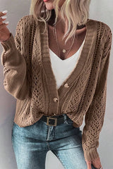 Women's taupe openwork knit cardigan featuring long sleeves, V-neckline, and button-front design.