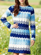Blue, dark blue and white wave pattern long sleeve openwork sweater mini dress for women