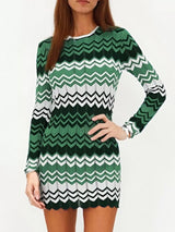 Green, dark green and white wave pattern long sleeve openwork sweater mini dress for women