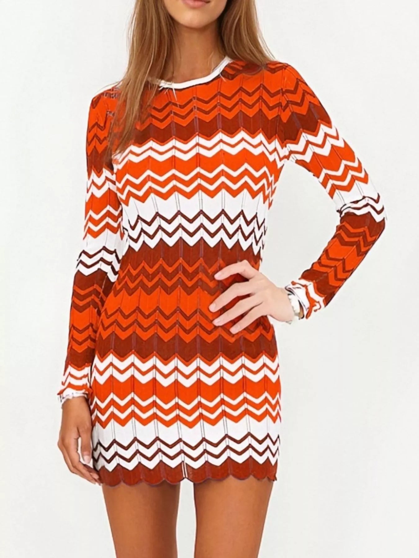 Orange, white and brown wave pattern long sleeve openwork sweater mini dress for women