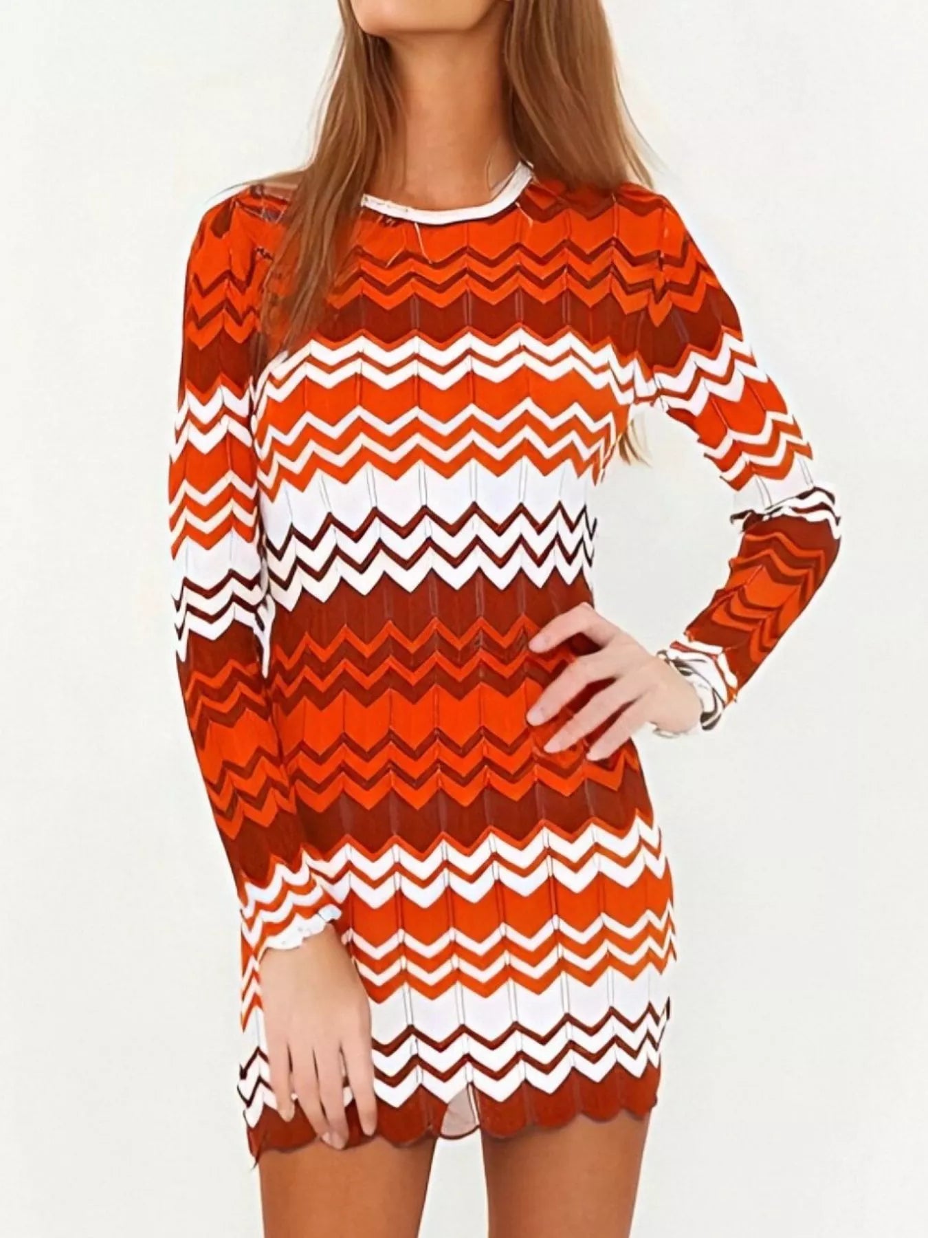 Orange, white and brown wave pattern long sleeve openwork sweater mini dress for women