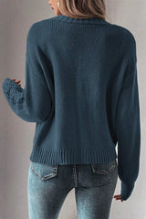 Women's peacock blue openwork button up cardigan with textured knit detailing and long sleeves.