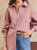 Layer your favorite fall looks with our Cable Texture Puff Sleeve Shacket. Available in Gray, White, and Pink, this cozy button-up shacket combines timeless texture with everyday comfort for effortless seasonal style.