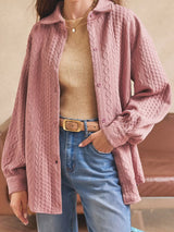 Layer your favorite fall looks with our Cable Texture Puff Sleeve Shacket. Available in Gray, White, and Pink, this cozy button-up shacket combines timeless texture with everyday comfort for effortless seasonal style.