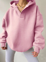 Women's oversized dropped shoulder hoodie sweatshirt in pink with long sleeves and relaxed fit, perfect for casual fall outfits, available in 11 colors and sizes Small–2XL.