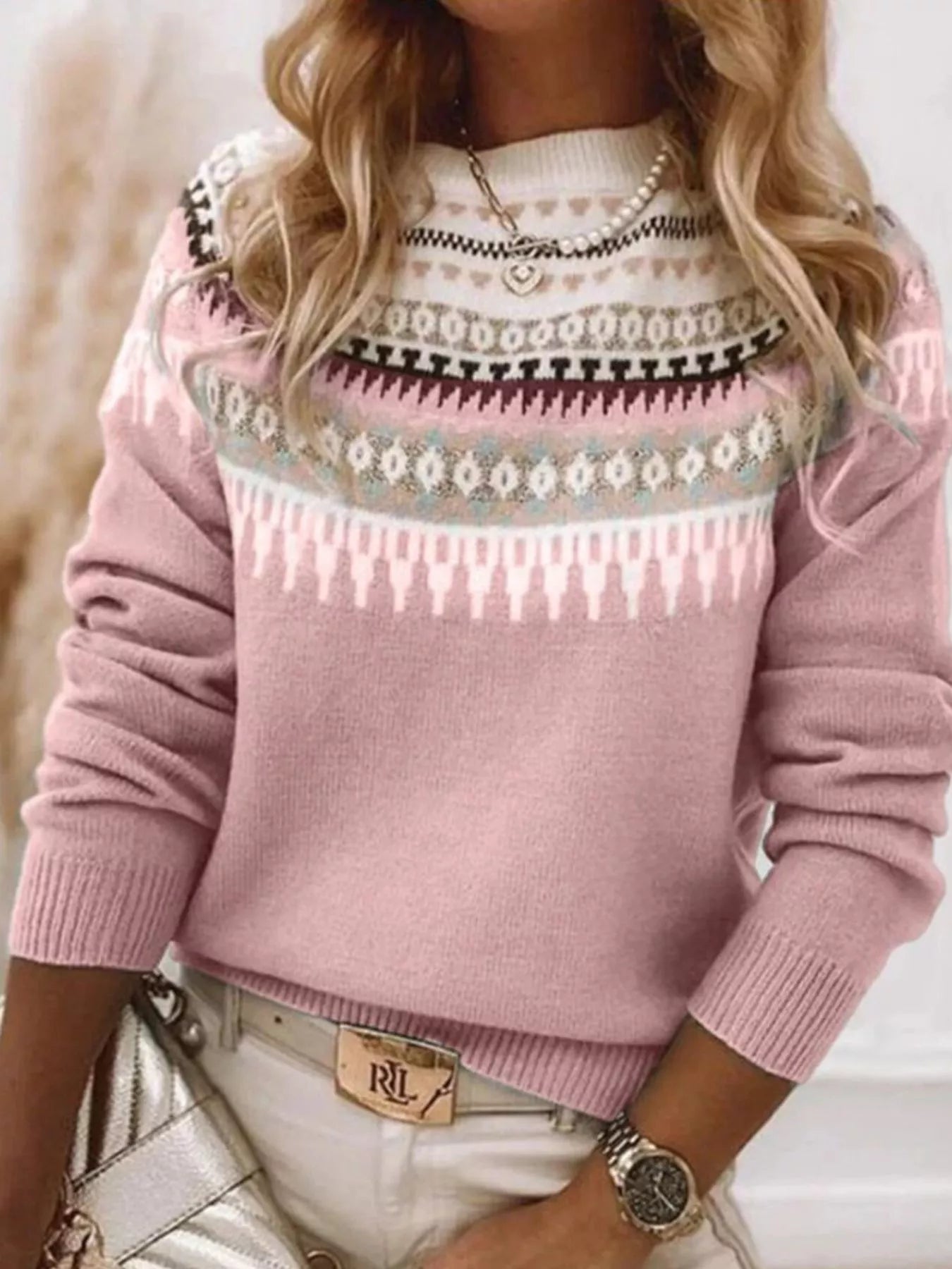 Women’s vintage patterned round neck sweater in pink with multicolor yoke design, available in sizes Small through 5XL.