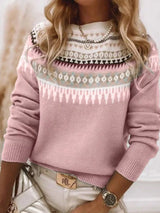 Women’s vintage patterned round neck sweater in pink with multicolor yoke design, available in sizes Small through 5XL.