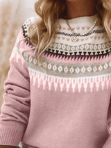 Women’s vintage patterned round neck sweater in pink with multicolor yoke design, available in sizes Small through 5XL.