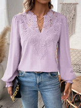 Women’s Swiss Dot Lace Detail Long Sleeve Blouse in pink purple with V-neck lace detailing and long sleeves, available in sizes S–2XL.