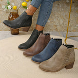 Women’s point toe block heel ankle boots with perforated side detail in black, brown, blue and khaki.