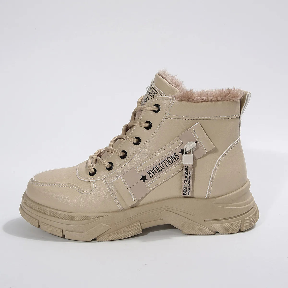 Women’s fleece-lined lace-up combat boots with chunky rubber sole and side detail, available in khaki, black and white.