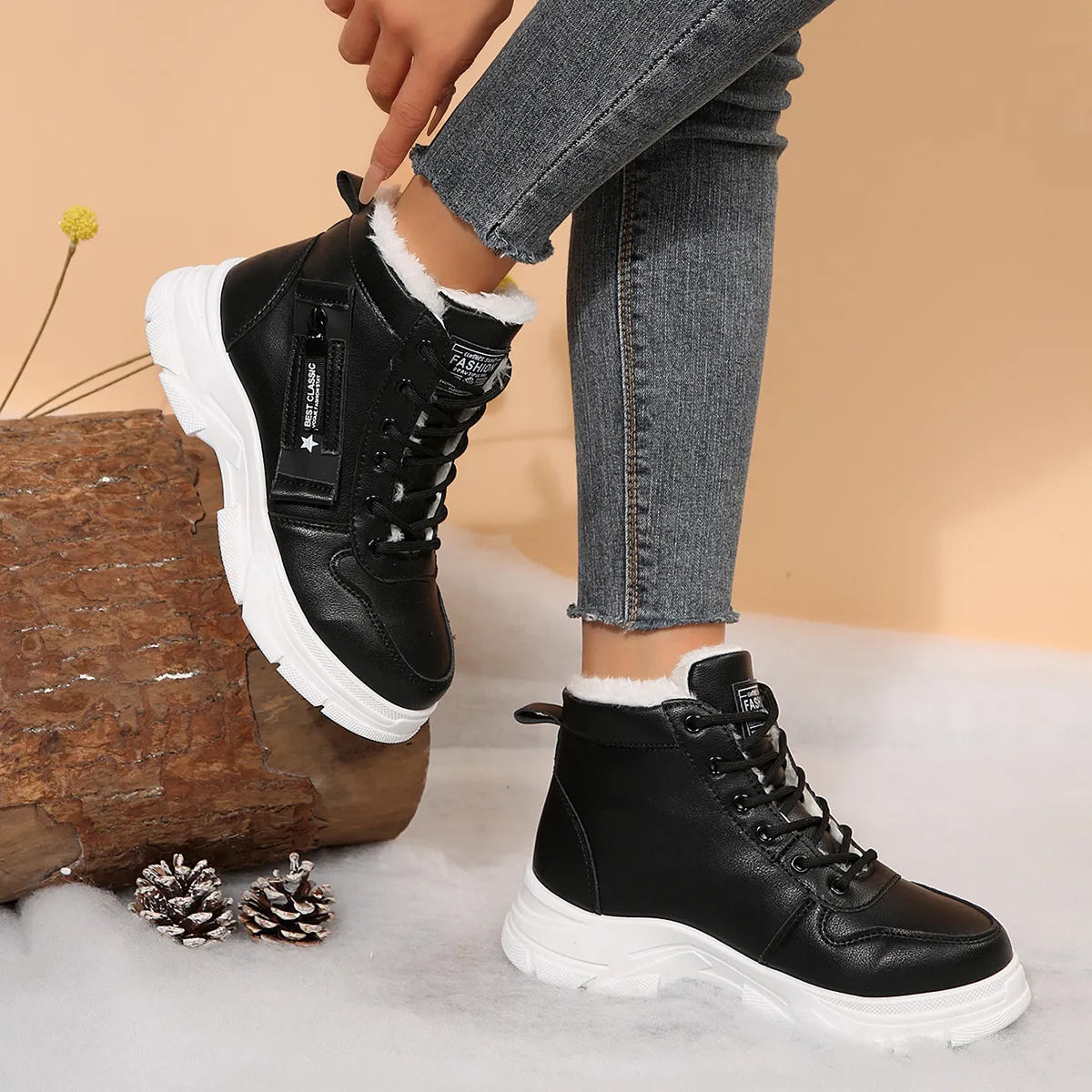 Women’s fleece-lined lace-up combat boots with chunky rubber sole and side detail, available in khaki, black and white.