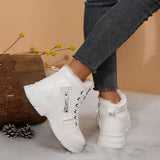 Women’s fleece-lined lace-up combat boots with chunky rubber sole and side detail, available in khaki, black and white.