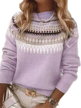 Women’s vintage patterned round neck sweater in purple with multicolor yoke design, available in sizes Small through 5XL.