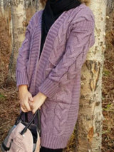 Women's chunky cable-knit open front cardigan with front pockets in purple, available in Burgundy, Gray, Purple, and Army Green, perfect for cozy fall layering.