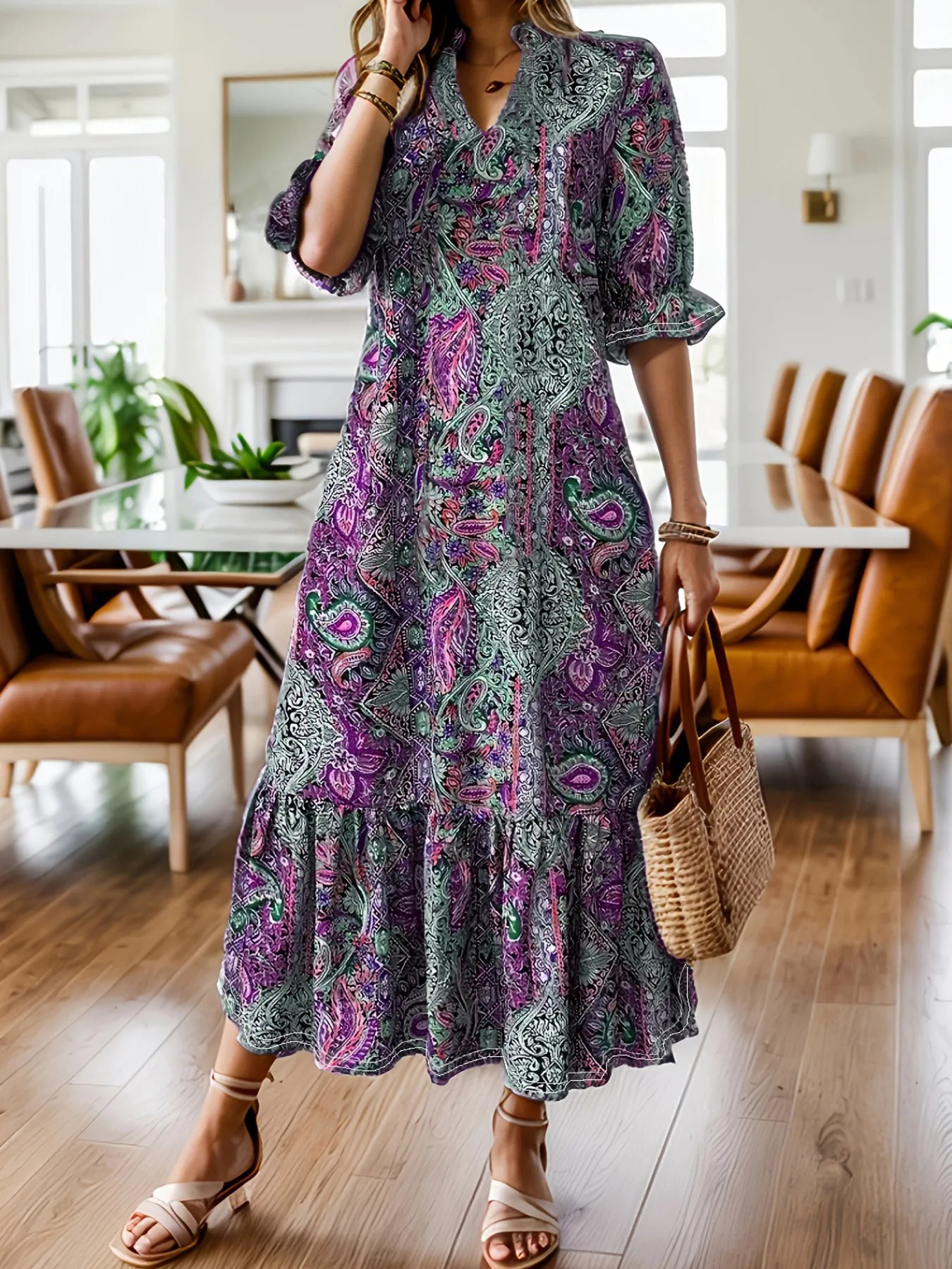 Woman wearing a purple bohemian paisley print midi dress with three-quarter sleeves and ruffled hem.
