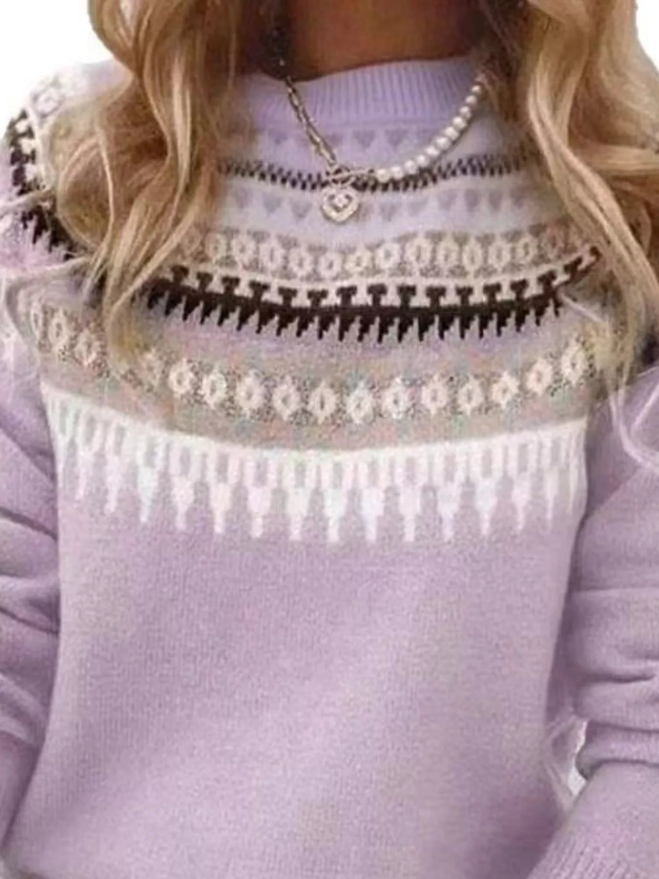 Women’s vintage patterned round neck sweater in purple with multicolor yoke design, available in sizes Small through 5XL.