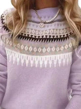 Women’s vintage patterned round neck sweater in purple with multicolor yoke design, available in sizes Small through 5XL.