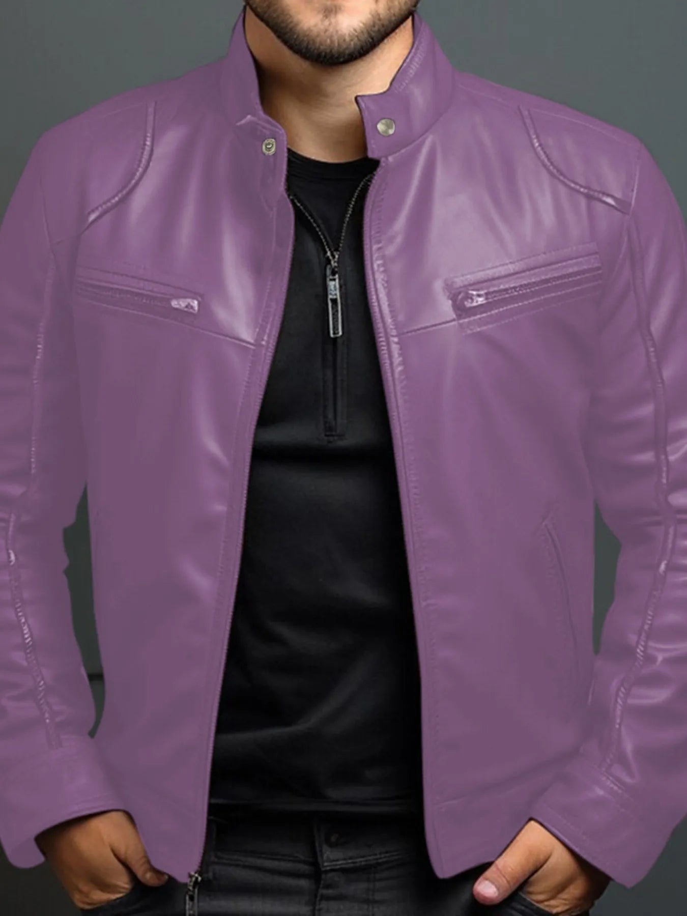 Men’s purple PU leather motorcycle jacket with zipper front, stand collar and zippered chest pockets, available in sizes Small–5XL.