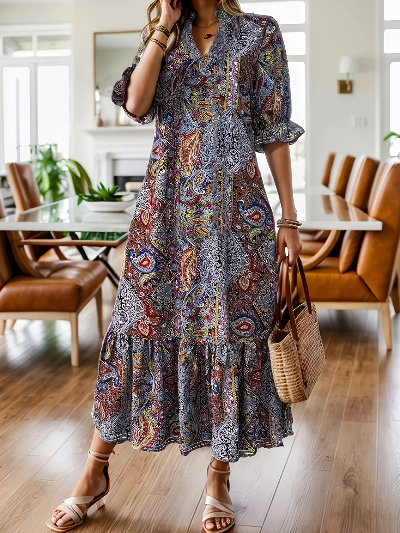 Woman wearing a red bohemian paisley print midi dress with three-quarter sleeves and ruffled hem.