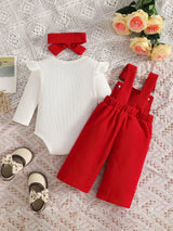Baby girl three-piece outfit featuring a cream ribbed long-sleeve bodysuit with ruffled shoulders, red bow-embroidered overalls and matching red bow headband.