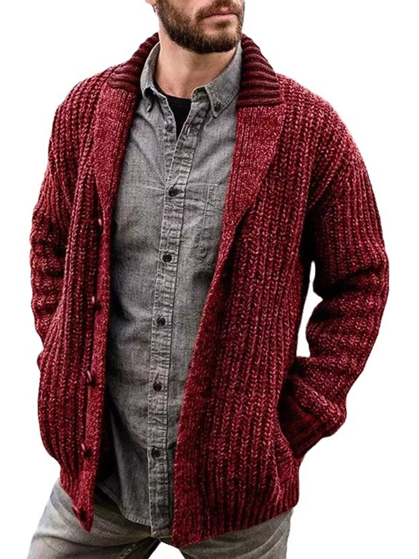 Men's red chunky knit shawl collar cardigan with button-front closure, ribbed texture, and front pockets, layered over a gray button-down shirt.