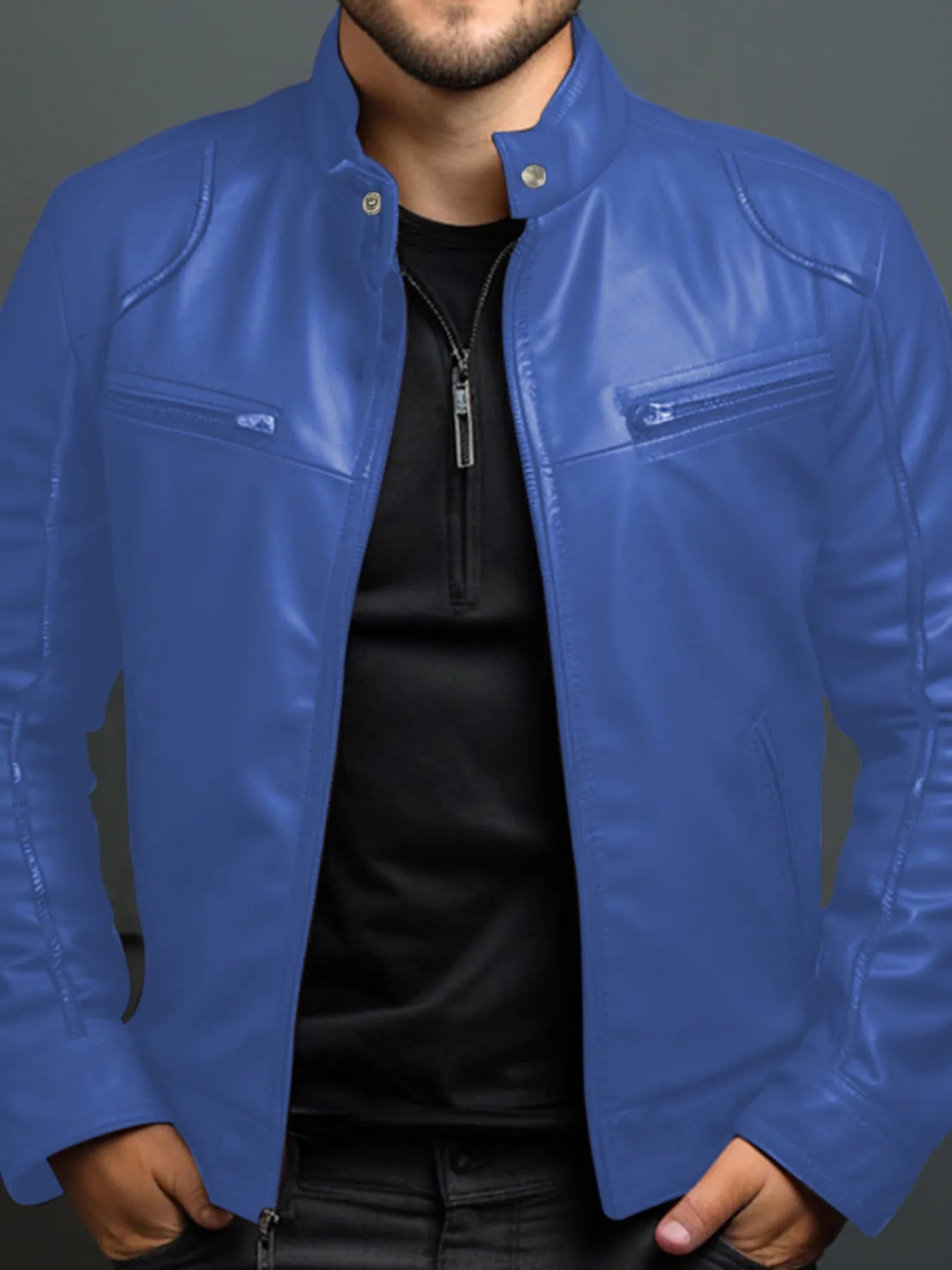 Men’s royal blue PU leather motorcycle jacket with zipper front, stand collar and zippered chest pockets, available in sizes Small–5XL.