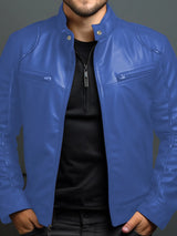 Men’s royal blue PU leather motorcycle jacket with zipper front, stand collar and zippered chest pockets, available in sizes Small–5XL.