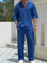 Men’s royal blue Johnny collar half sleeve top and matching pants two-piece set