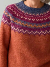 Women’s vintage patterned round neck sweater in rust with multicolor yoke design, available in sizes Small through 5XL.