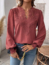 Women’s Swiss Dot Lace Detail Long Sleeve Blouse in rust with V-neck lace detailing and long sleeves, available in sizes S–2XL.