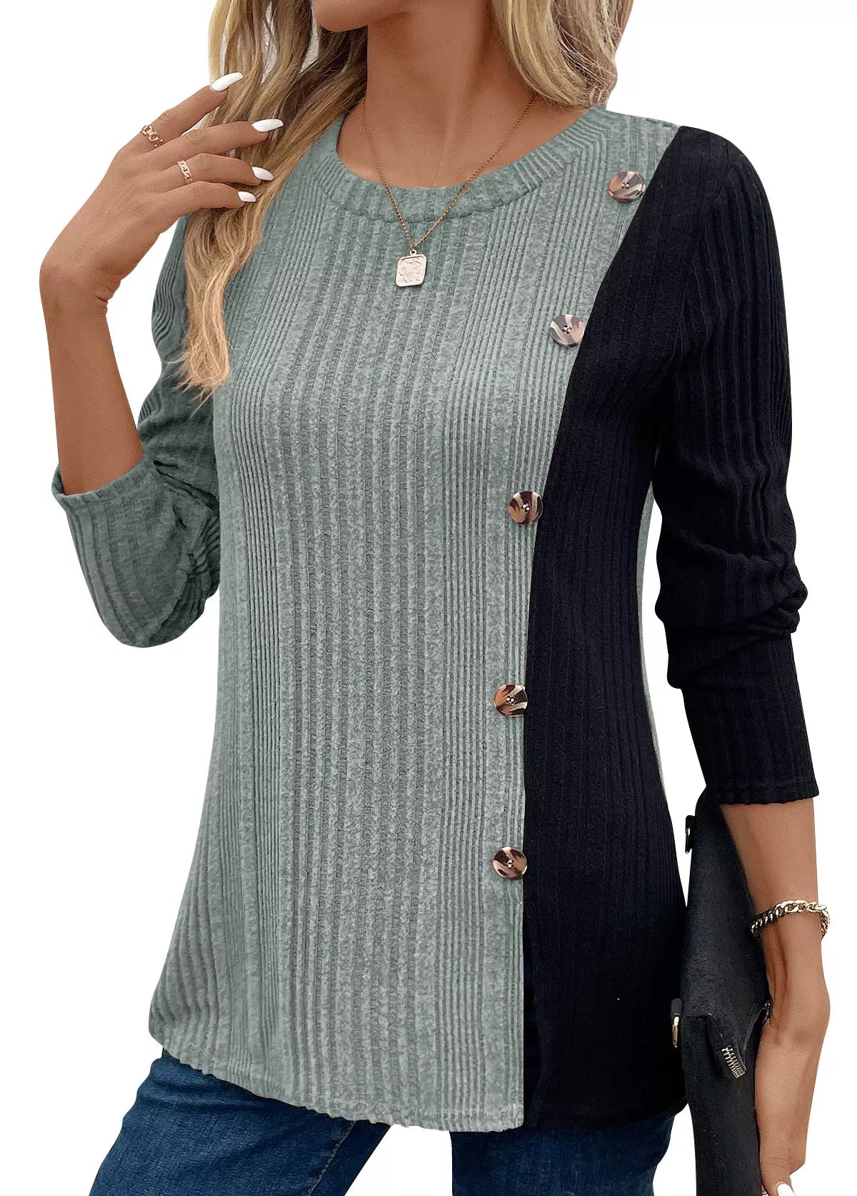 Women’s sage and black color block ribbed knit long sleeve top with decorative side buttons and slit detail, available in sizes Small–2XL.