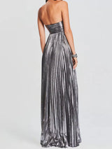 Gray strapless gown on a white background showing back of dress.