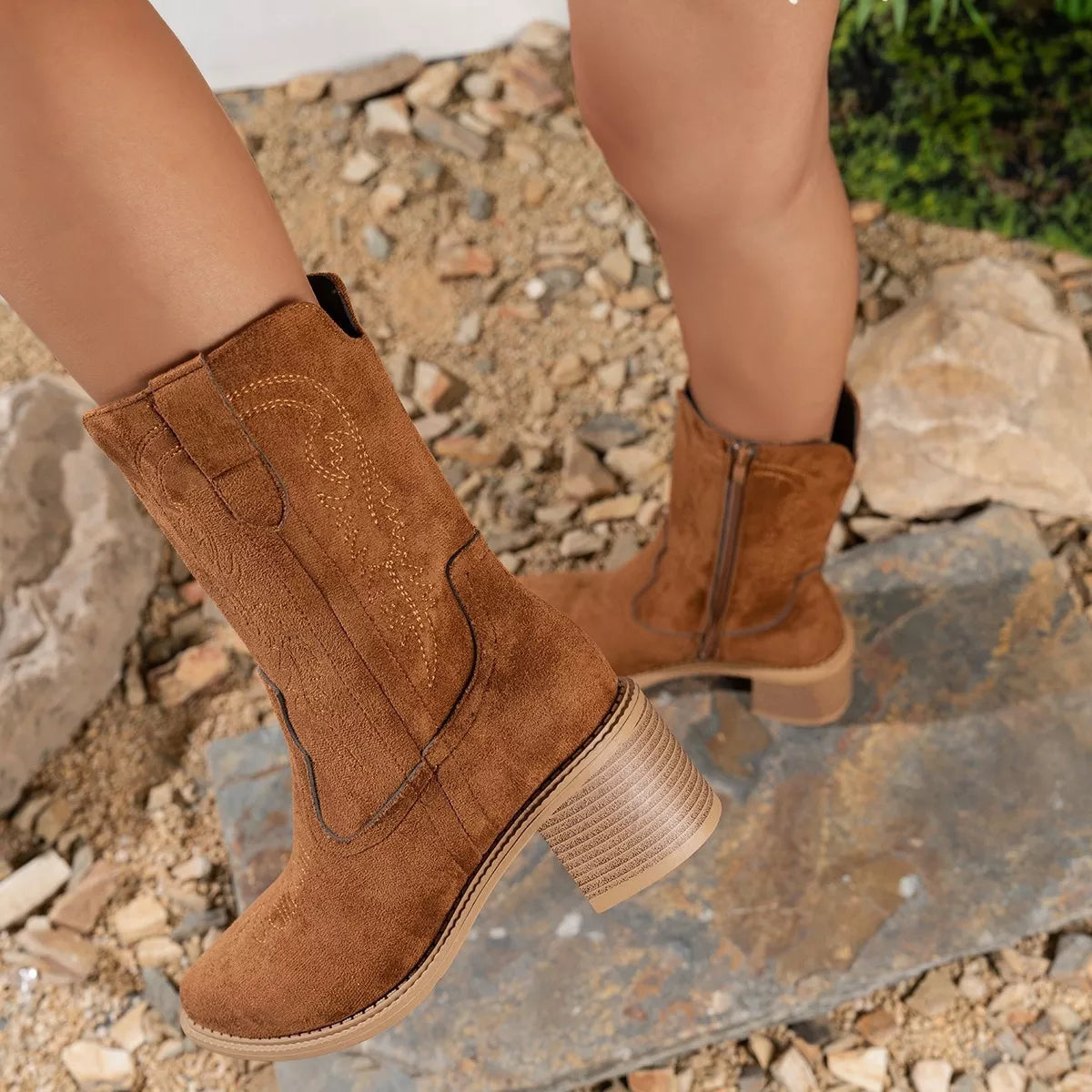 Women's caramel suede western ankle boots with block heel and embroidered stitching, perfect for fall outfits, dresses, jeans, winery weekends, and pumpkin patch adventures.