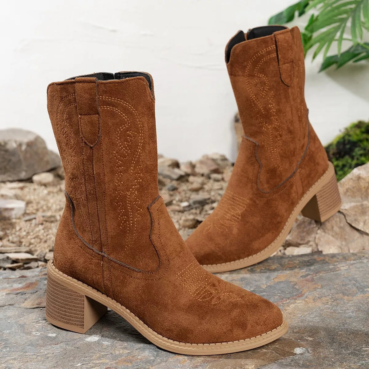 Women's caramel suede western ankle boots with block heel and embroidered stitching, perfect for fall outfits, dresses, jeans, winery weekends, and pumpkin patch adventures.